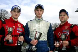 Race 1 Podium (l-r) Tom Jones (GBR) Reflex Ginetta, George Murrells (GBR) Optimum Motorsport Ginetta, David Jackson (GBR) Optimum Motorsport Ginetta