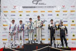 Podium of #31 Charles Dawson / Seb Morris - Team Parker Racing Mercedes-AMG GT4 and #7 Mikey Porter / Jamie Day - Forsetti Motorsport Aston Martin Vantage AMR GT4 Evo and #90 Jack Brown / Zac Meakin - Optimum Motorsport McLaren Artura GT4