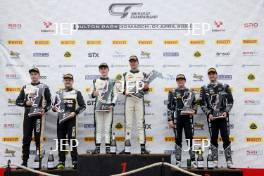 Podium of #90 Jack Brown / Zac Meakin - Optimum Motorsport McLaren Artura GT4 and #7 Mikey Porter / Jamie Day - Forsetti Motorsport Aston Martin Vantage AMR GT4 Evo and #61 Erik Evans / Marco Signoretti - Academy Motorsport Ltd Ford Mustang GT4 2024