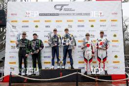 Podium of #8 Richard Neary / Sam Neary - Team Abba Racing Mercedes-AMG GT3 Evo and #59 Shaun Balfe / Adam Smalley - Garage 59 McLaren 720S GT3 Evo and #32 Sacha Kakad / Hugo Cook - J&S Racing Audi R8 LMS GT3