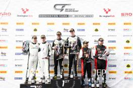 GT4 Overall Podium (l-r) #47 Marc Warren / William Orton - Forsetti Motorsport Aston Martin Vantage AMR GT4, #90 Jack Brown / Zac Meakin - Optimum Motorsport McLaren Artura GT4, #44 Kavi Jundu / Dan Vaughan - Toyota Gazoo Racing UK Toyota GR Supra GT4