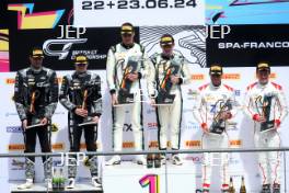 GT4 Silver Cup Podium (l-r) #61 Erik Evans / Marco Signoretti - Academy Motorsport Ltd Ford Mustang GT4 2024, #7 Mikey Porter / Jamie Day - Forsetti Motorsport Aston Martin Vantage AMR GT4 Evo, #11 Adam Hatfield / Alex Walker - Paddock Motorsport McLaren Artura GT4