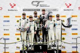 Race 2 GT4 Overall Podium (l-r #47 Marc Warren / William Orton - Forsetti Motorsport Aston Martin Vantage AMR GT4, #90 Jack Brown / Zac Meakin - Optimum Motorsport McLaren Artura GT4, #47 Marc Warren / William Orton - Forsetti Motorsport Aston Martin Vantage AMR GT4