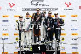 Race 1 GT4 Silver Cup Podium (l-r) #7 Mikey Porter / Jamie Day - Forsetti Motorsport Aston Martin Vantage AMR GT4 Evo, #56 Freddie Tomlinson / Aston Millar - DTO Motorsport Ginetta G56 GT4 Evo, #62 Will Moore / Matt Nicoll-Jones - Academy Motorsport Ltd Ford Mustang GT4 2024