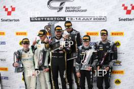 Race 2 GT4 Silver Cup Podium (l-r) #7 Mikey Porter / Jamie Day - Forsetti Motorsport Aston Martin Vantage AMR GT4 Evo, #90 Jack Brown / Zac Meakin - Optimum Motorsport McLaren Artura GT4, #61 Erik Evans / Marco Signoretti - Academy Motorsport Ltd Ford Mustang GT4 2024