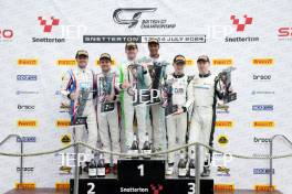 Race 1 GT4 Pro-Am Podium (l-r) #31 Charles Dawson / Seb Morris - Team Parker Racing Mercedes-AMG GT4, #71 Ravi Ramyead / Charlie Robertson - Century Motorsport BMW M4 GT4, #47 Marc Warren / William Orton - Forsetti Motorsport Aston Martin Vantage AMR GT4