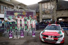 Overall Podium (l-r) William Creighton / Liam Regan - Ford Fiesta Rally 2, Chris Ingram / Alex Kihurani - Volkswagen Polo GTI R5, Meirion Evans / Jonathan Jackson - Toyota Yaris Rally2