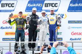 BTCC Podium, Árón Taylor-Smith - CarStore Power Maxed Racing Vauxhall Astra, Bobby Thompson - Zeus Cloud Racing with WSR BMW 330e M Sport, Jake Hill - Laser Tools Racing with MB Motorsport BMW 330e M Sport and Ashley Sutton - NAPA Racing UK Ford Focus ST