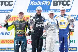 BTCC Podium, Árón Taylor-Smith - CarStore Power Maxed Racing Vauxhall Astra, Bobby Thompson - Zeus Cloud Racing with WSR BMW 330e M Sport, Jake Hill - Laser Tools Racing with MB Motorsport BMW 330e M Sport and Ashley Sutton - NAPA Racing UK Ford Focus ST