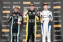 Podium #25 Ethan Jeff-Hall - R Racing Ginetta Junior #35 Isaac Phelps - Elite Motorsport Ginetta Junior #43 Archie Clark - Elite Motorsport Ginetta Junior