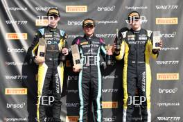 Podium Race 1 #50 Charlie Hart - Elite Motorsport Ginetta Junior #25 Ethan Jeff-Hall - R Racing Ginetta Junior #35 Isaac Phelps - Elite Motorsport Ginetta Junior